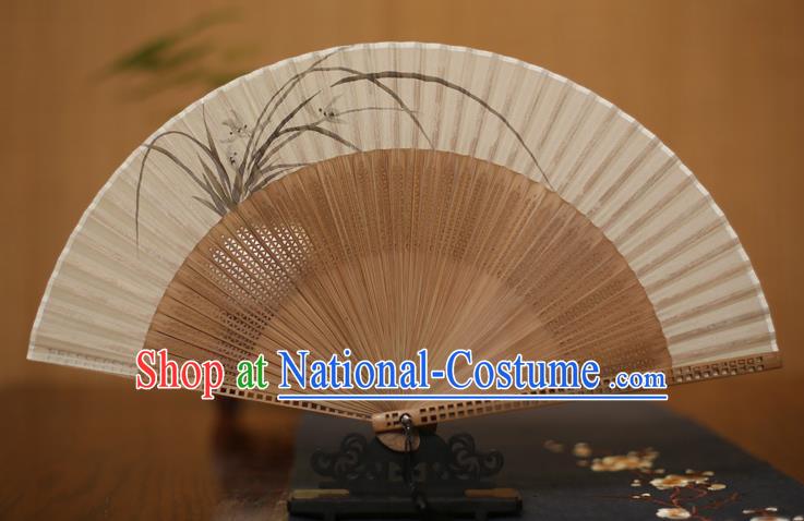 Traditional Chinese Crafts Printing Orchid Folding Fan, China Handmade Classical Silk Pierced Fans for Women