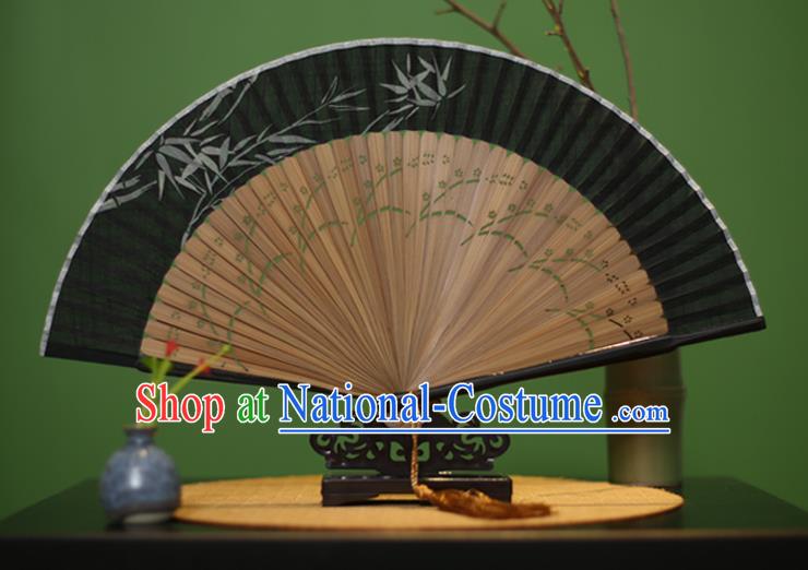 Traditional Chinese Crafts Printing Bamboo Black Linen Folding Fan, China Handmade Classical Fans for Women