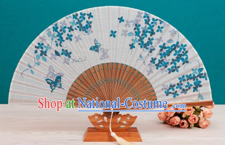 Traditional Chinese Crafts Printing Butterfly Flowers Linen Folding Fan, China Handmade Classical Fans for Women