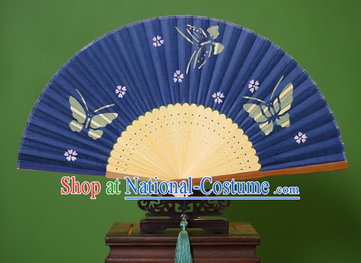 Traditional Chinese Crafts Printing Butterfly Folding Fan, China Handmade Classical Blue Silk Fans for Women