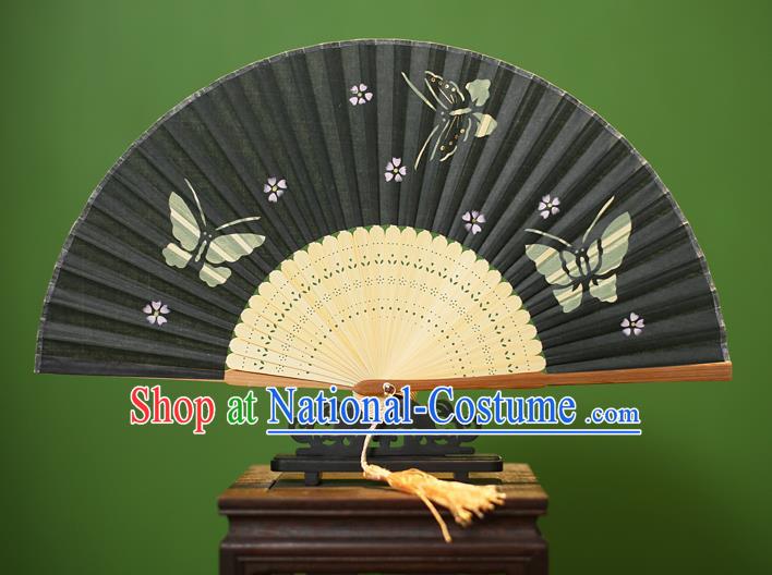 Traditional Chinese Crafts Printing Butterfly Folding Fan, China Handmade Classical Black Silk Fans for Women