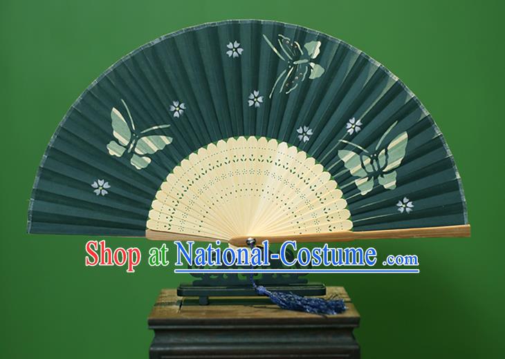 Traditional Chinese Crafts Printing Butterfly Folding Fan, China Handmade Classical Green Silk Fans for Women