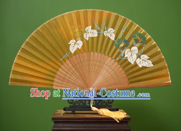 Traditional Chinese Crafts Printing Morning Glory Folding Fan, China Handmade Classical Yellow Silk Fans for Women