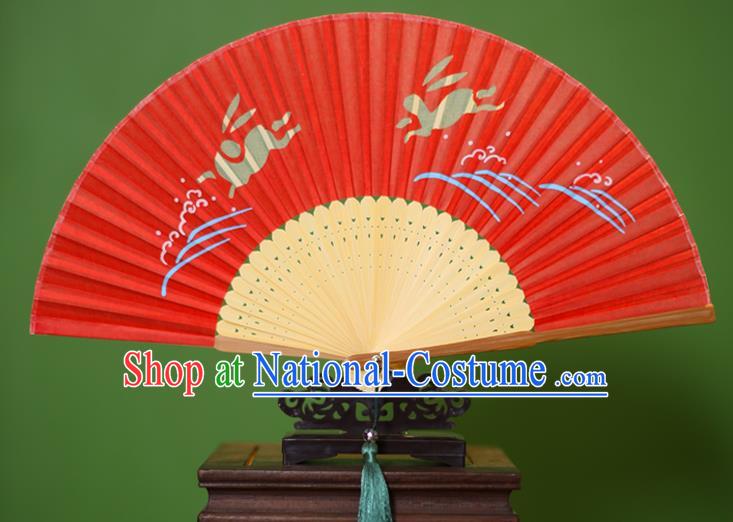 Traditional Chinese Crafts Printing Rabbit Folding Fan, China Handmade Classical Red Silk Fans for Women