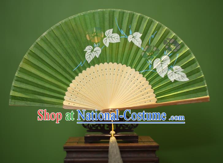 Traditional Chinese Crafts Printing Petunia Folding Fan, China Handmade Classical Green Silk Fans for Women