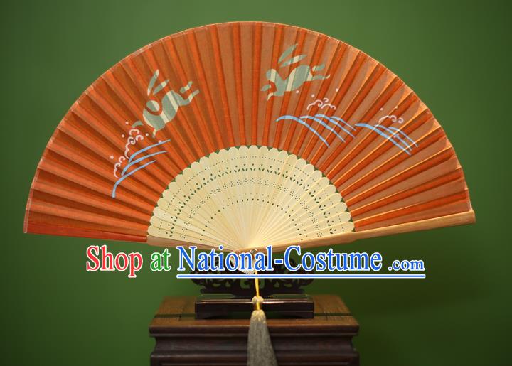 Traditional Chinese Crafts Printing Rabbit Folding Fan, China Handmade Classical Orange Silk Fans for Women