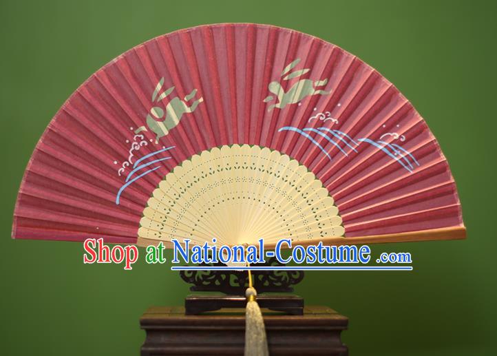 Traditional Chinese Crafts Printing Rabbit Folding Fan, China Handmade Classical Silk Fans for Women