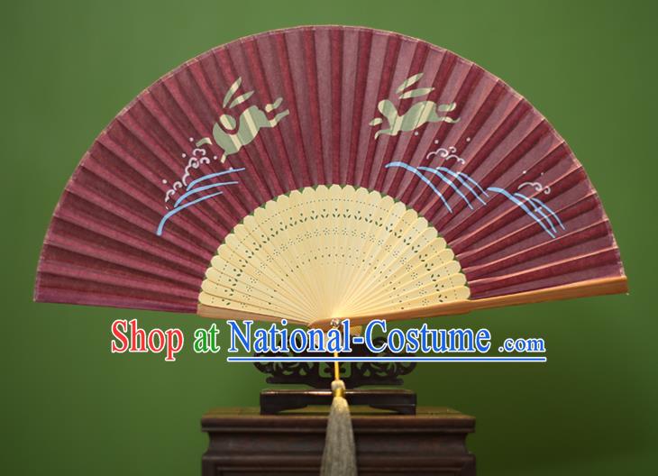 Traditional Chinese Crafts Printing Rabbit Folding Fan, China Handmade Classical Amaranth Silk Fans for Women