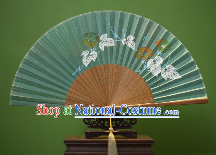 Traditional Chinese Crafts Printing Petunia Folding Fan, China Handmade Classical Green Silk Fans for Women