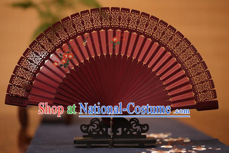 Traditional Chinese Crafts Hand Painting Folding Fan, China Handmade Classical Carving Red Fans for Women