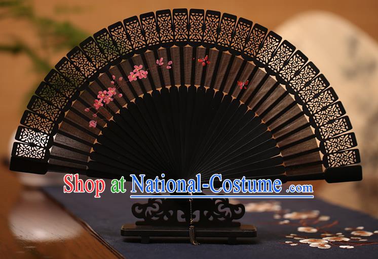 Traditional Chinese Crafts Hand Painting Folding Fan, China Handmade Classical Carving Black Fans for Women
