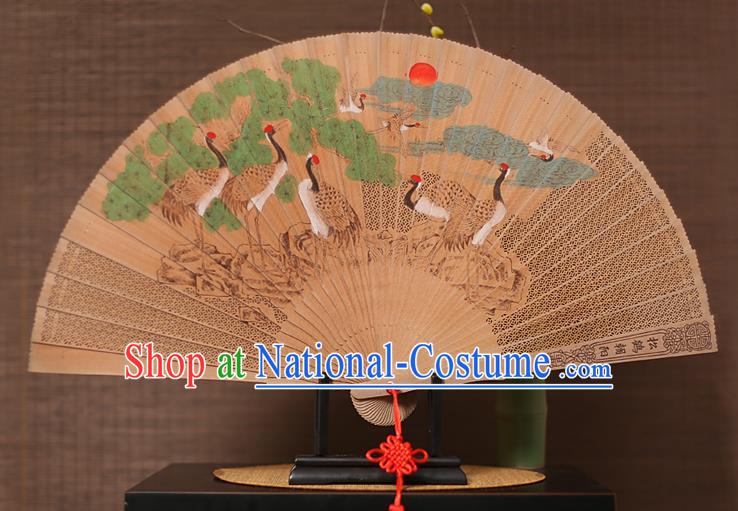 Traditional Chinese Crafts Hand Painting Crane Folding Fan, China Handmade Classical Carving Sandalwood Fans for Men