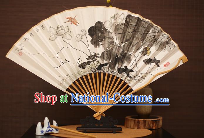 Traditional Chinese Crafts Collectables Autograph Folding Fan, China Handmade Classical Ink Painting Lotus Xuan Paper Fans for Men