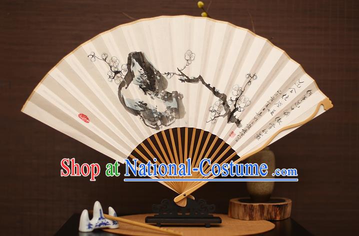 Traditional Chinese Crafts Collectables Autograph Folding Fan, China Handmade Classical Ink Painting Wintersweet Xuan Paper Fans for Men