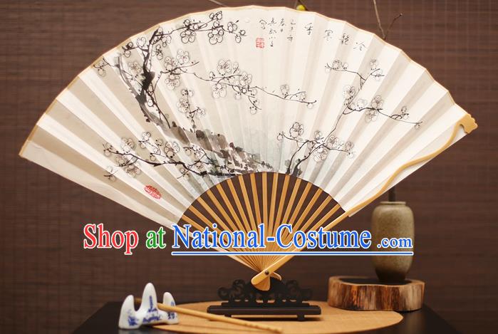 Traditional Chinese Crafts Collectables Autograph Folding Fan, China Handmade Classical Ink Painting Wintersweet Xuan Paper Fans for Men