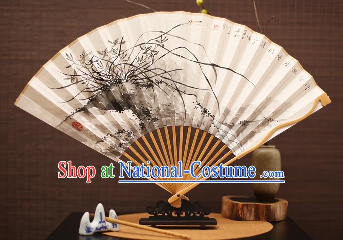 Traditional Chinese Crafts Collectables Autograph Folding Fan, China Handmade Classical Ink Painting Orchid Xuan Paper Fans for Men