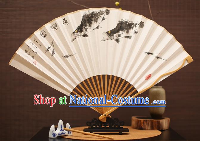 Traditional Chinese Crafts Collectables Autograph Folding Fan, China Handmade Classical Ink Painting Fishes Xuan Paper Fans for Men