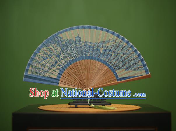 Traditional Chinese Crafts Hand Painting West Lake Scenery Folding Fan, China Handmade Classical Blue Silk Fans for Women