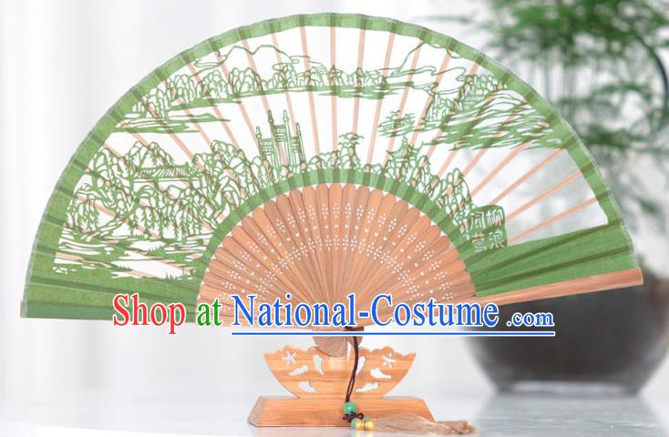 Traditional Chinese Crafts Hand Painting West Lake Scenery Folding Fan, China Handmade Classical Green Silk Fans for Women