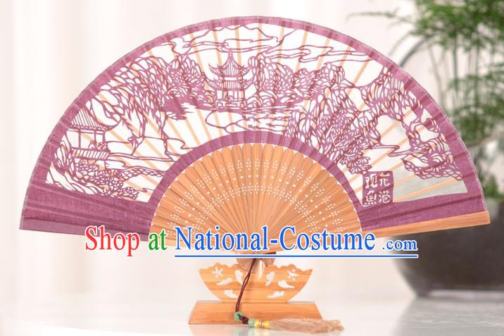 Traditional Chinese Crafts West Lake Scenery Folding Fan, China Handmade Classical Amaranth Silk Fans for Women