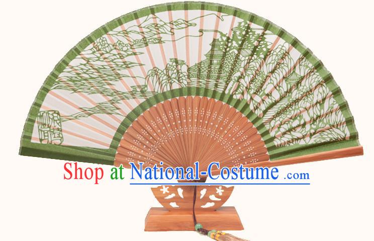 Traditional Chinese Crafts Hand Painting West Lake Scenery Folding Fan, China Handmade Classical Green Silk Fans for Women