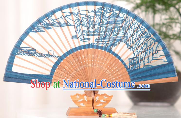 Traditional Chinese Crafts West Lake Scenery Folding Fan, China Handmade Classical Blue Silk Fans for Women