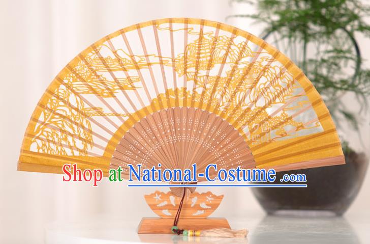 Traditional Chinese Crafts West Lake Scenery Folding Fan, China Handmade Classical Yellow Silk Fans for Women