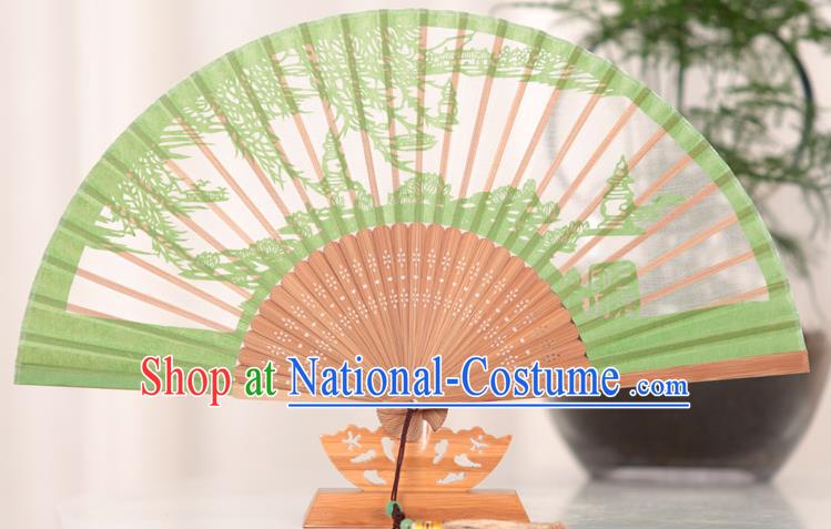 Traditional Chinese Crafts West Lake Scenery Folding Fan, China Handmade Classical Green Silk Fans for Women