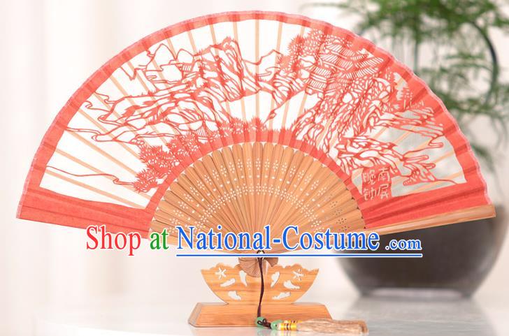 Traditional Chinese Crafts West Lake Scenery Folding Fan, China Handmade Classical Red Silk Fans for Women