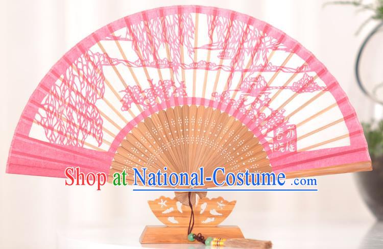 Traditional Chinese Crafts Su Causeway Folding Fan, China Handmade Classical Pink Silk Fans for Women