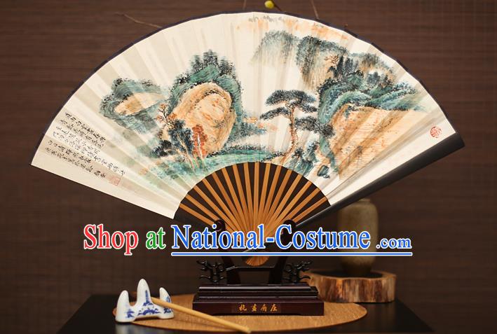 Traditional Chinese Crafts Landscape Painting Paper Folding Fan, China Handmade Ebony Fans for Men