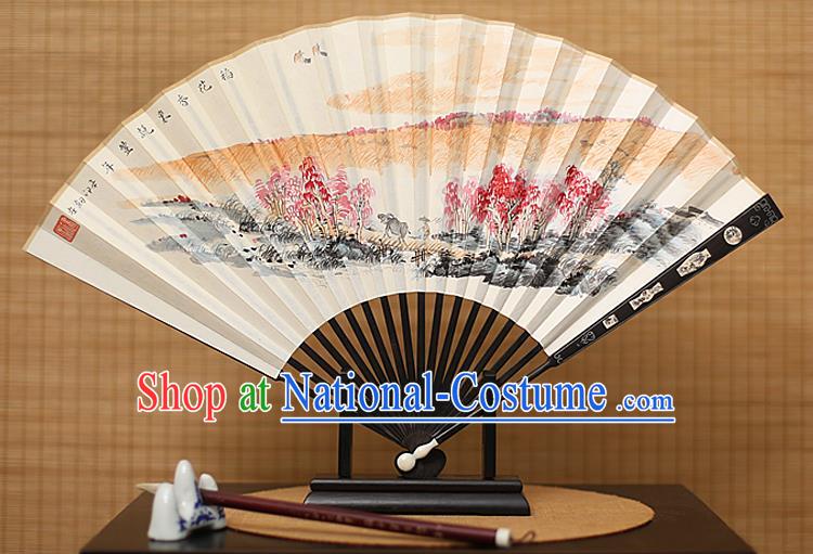 Traditional Chinese Crafts Painting Paper Folding Fan, China Handmade Ebony Fans for Men