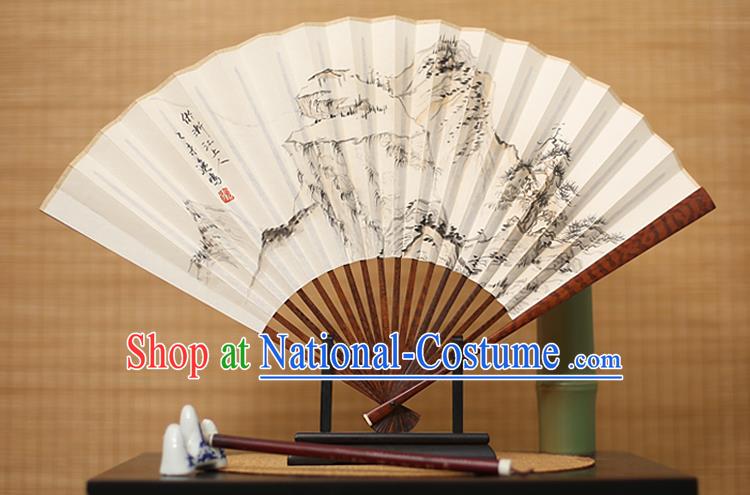 Traditional Chinese Crafts Ink Painting Paper Folding Fan, China Handmade Ebony Fans for Men