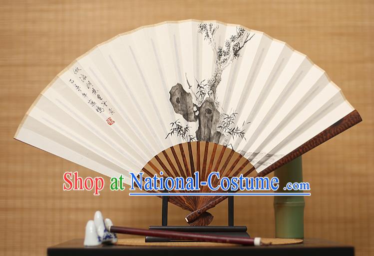 Traditional Chinese Crafts Ink Painting Bamboo Paper Folding Fan, China Handmade Snakewood Fans for Men