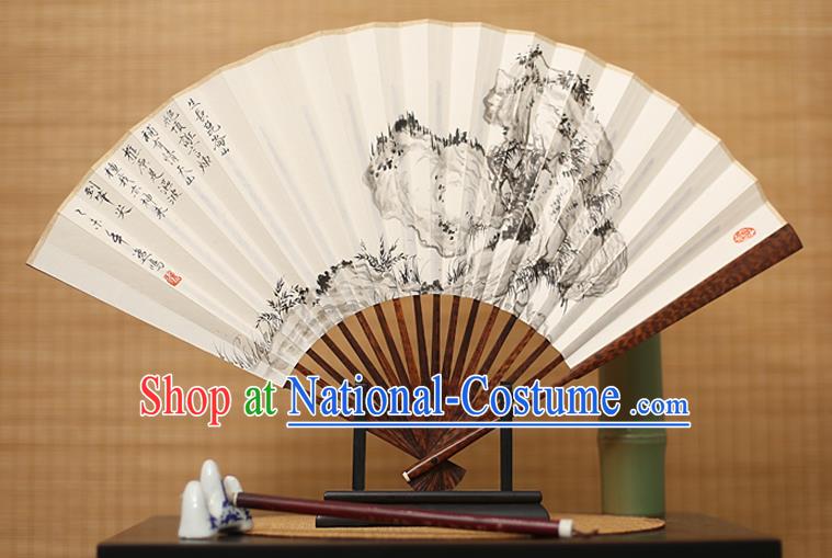 Traditional Chinese Crafts Ink Painting Paper Folding Fan, China Handmade Snakewood Fans for Men