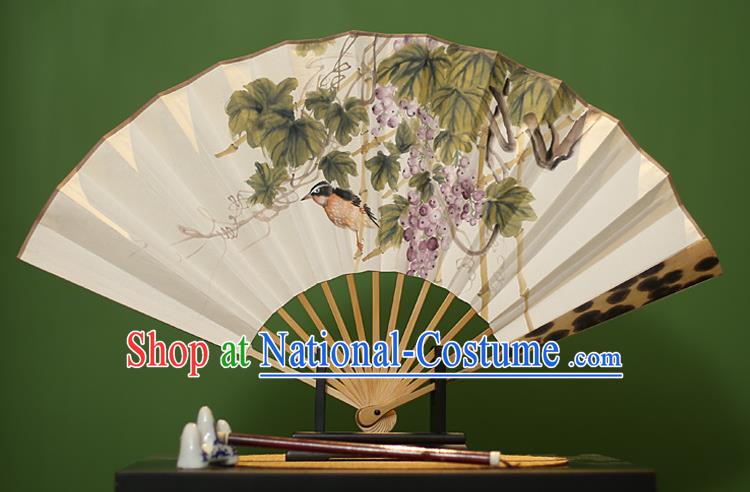 Traditional Chinese Crafts Ink Painting Grape Paper Folding Fan, China Handmade Mottled Bamboo Fans for Men