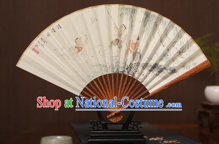 Traditional Chinese Crafts Ink Painting Paper Folding Fan, China Handmade Pear Wood Fans for Men