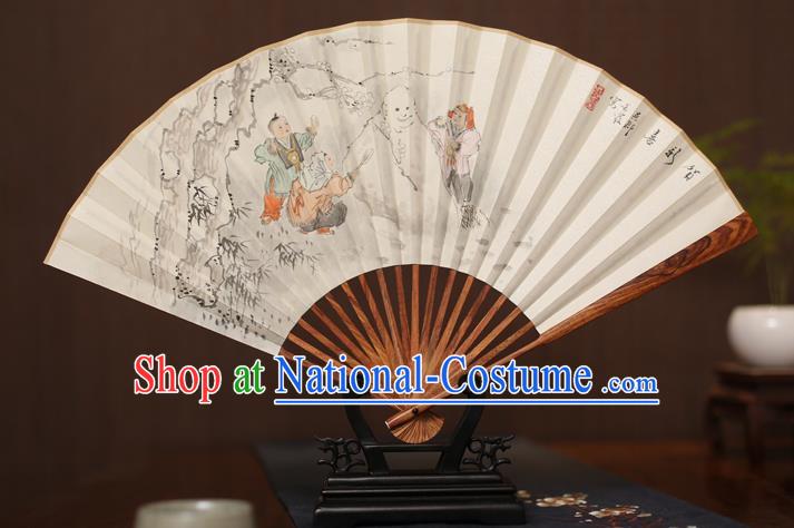 Traditional Chinese Crafts Ink Painting Snowmen Paper Folding Fan, China Handmade Pear Wood Fans for Men