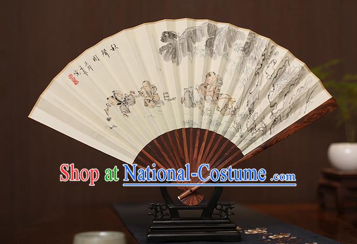 Traditional Chinese Crafts Ink Painting Children Paper Folding Fan, China Handmade Pear Wood Fans for Men