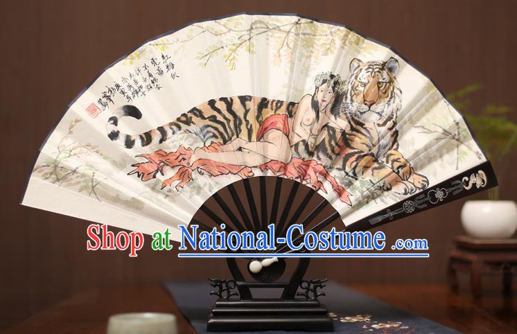 Traditional Chinese Crafts Ink Painting Tiger Paper Folding Fan, China Handmade Ebony Fans for Men