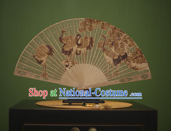 Traditional Chinese Crafts Carving Crane Classical Folding Fan, China Handmade Sandalwood Fans for Women