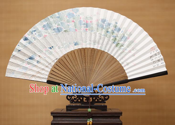 Traditional Chinese Crafts Classical Paper Folding Fan, China Handmade Painting Lotus Flower Fans for Women