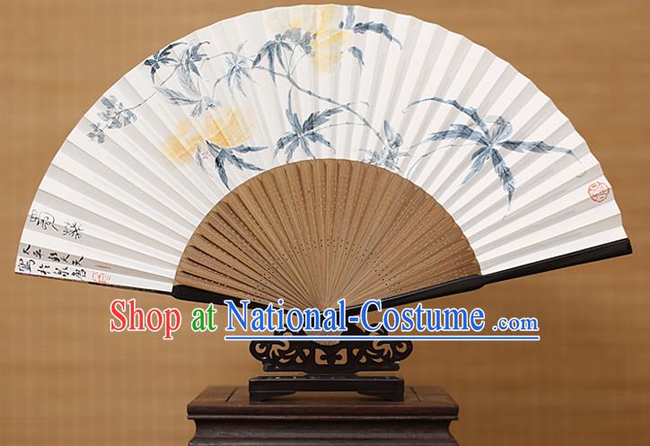 Traditional Chinese Crafts Classical Paper Folding Fan, China Handmade Painting Hollyhock Fans for Women