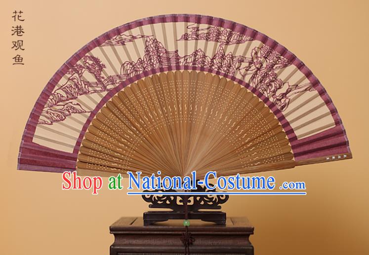 Traditional Chinese Crafts West Lake Scenery Folding Fan, China Handmade Scissor-Cut Amaranth Silk Fans for Women