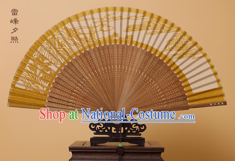 Traditional Chinese Crafts Leifeng Pagoda Scenery Folding Fan, China Handmade Scissor-Cut Yellow Silk Fans for Women