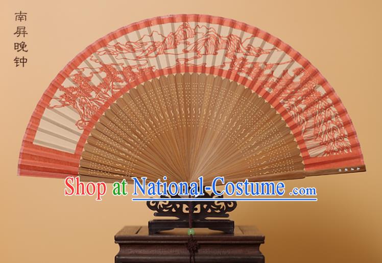 Traditional Chinese Crafts Landscape Scenery Folding Fan, China Handmade Scissor-Cut Red Silk Fans for Women