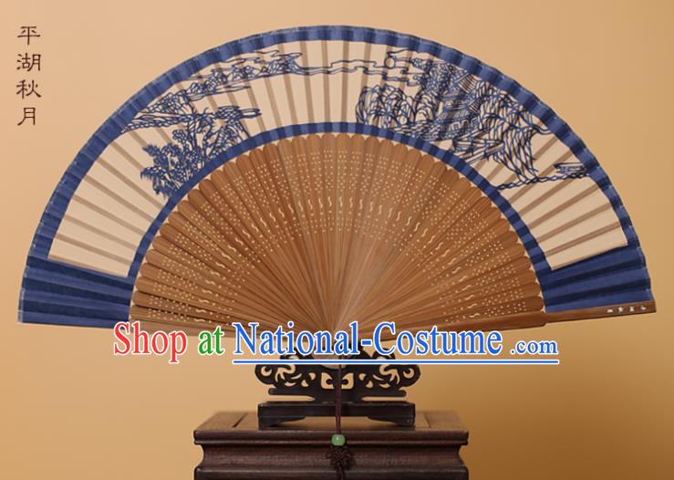 Traditional Chinese Crafts Autumn Moon on Calm Lake Scenery Folding Fan, China Handmade Scissor-Cut Blue Silk Fans for Women