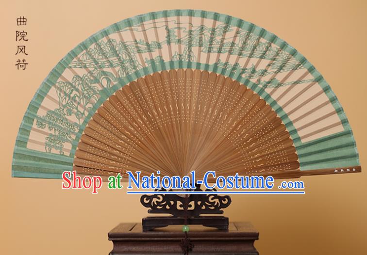 Traditional Chinese Crafts Landscape Scenery Folding Fan, China Handmade Scissor-Cut Green Silk Fans for Women