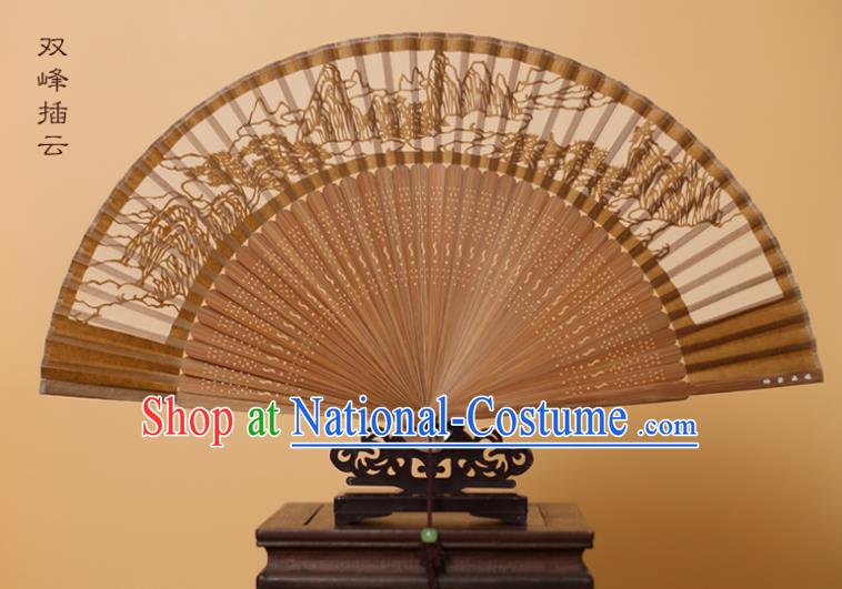 Traditional Chinese Crafts Mountain Scenery Folding Fan, China Handmade Scissor-Cut Brown Silk Fans for Women