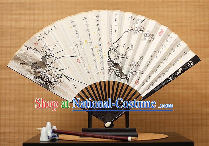 Traditional Chinese Crafts Collectables Autograph Xuan Paper Folding Fan, China Handmade Ink Painting Wintersweet Orchid Fans for Men